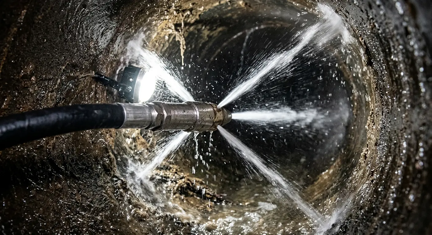 High-pressure hydro jetting nozzle cleaning sewer pipe for Sewer Cleanout in Dover