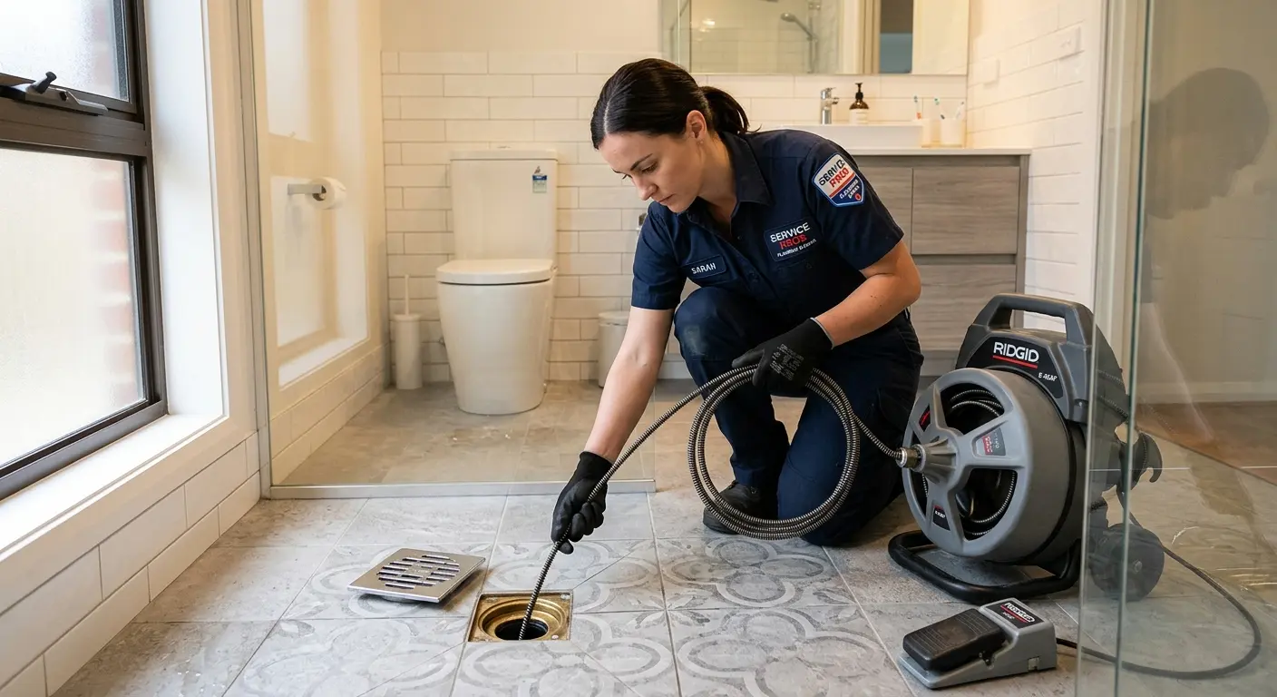 Technician clearing a bathroom floor drain for Drain Cleaning in Dover